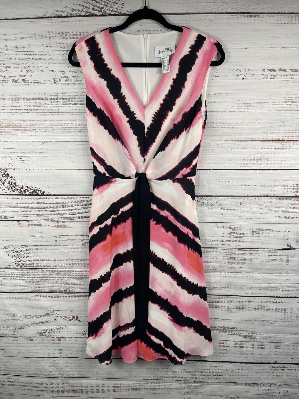 Joseph Ribkoff Dress Women's Size 2 Pink Tie Dye Ruched V Fit Flare Knee Length
